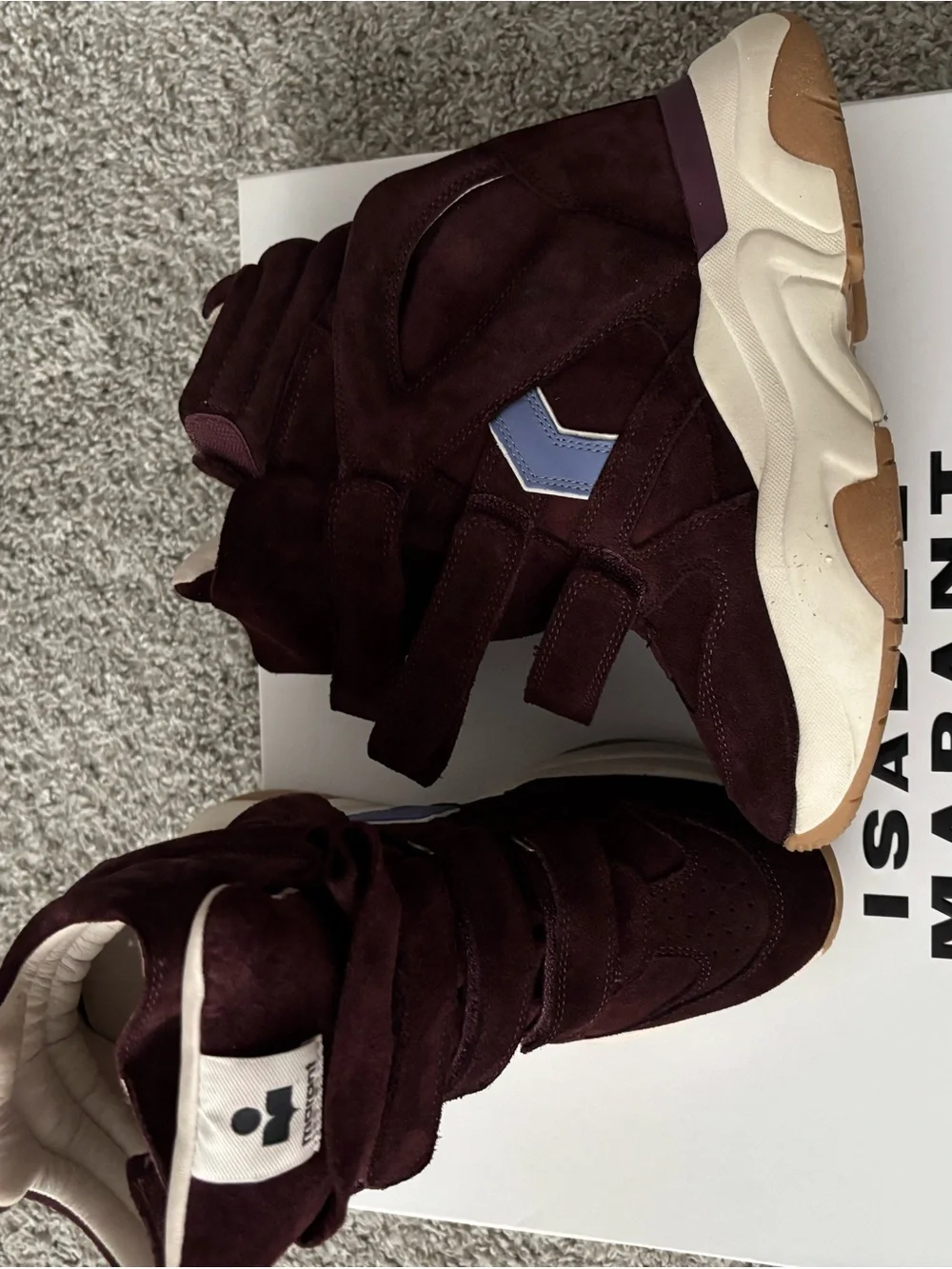 Isabel Marant Burgundy Suede High-Top Wedge Sneakers with Light Blue Accent